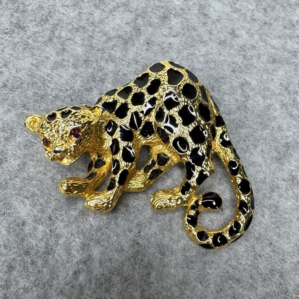 Vintage Park Lane Gold Tone Leopard Cheetah Black Enamel Brooch Pin 80s Style